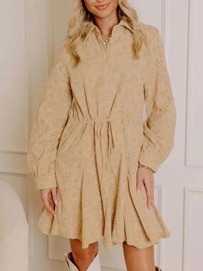 NWT Shop Impressions Boutique Eyelet Drawstring Long Sleeve Dress